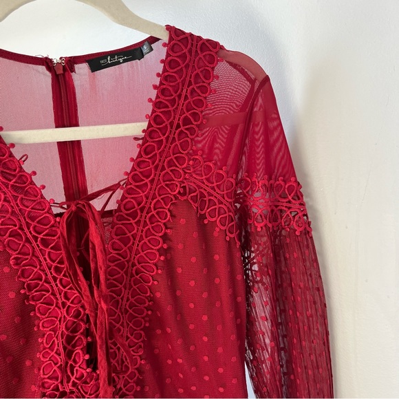 🩷BKE BOUTIQUE SHIRT RED LONG SLEEVE MESH PLEATED TULLE LACE UP SIZE SMALL - Picture 7 of 14
